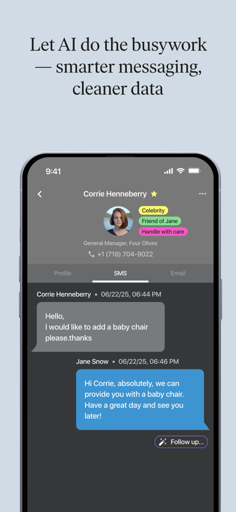 SevenRooms OS interface showing AI powered SMS messaging with guest profile details