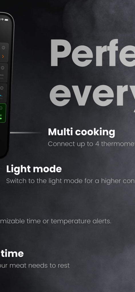 Meat°it 3 Meat Thermometer - Interface de l'application Meat it 3 affichant les fonctionnalités multi-cuisson et mode lumineux