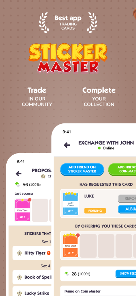 Interfaz de la aplicación Sticker Master que muestra las funciones de intercambio de cromos y finalización de colecciones