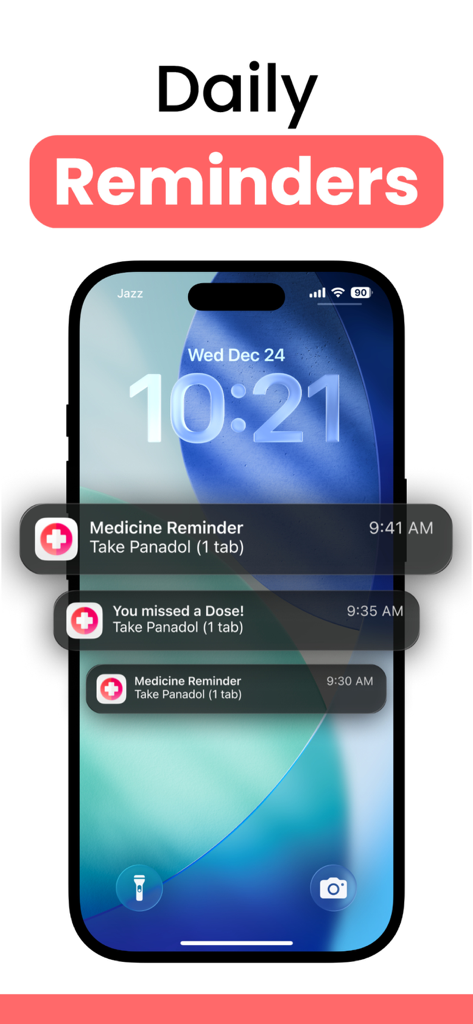 Medloo: Medicine Tracker - iPhone lock screen showing daily medicine reminders and missed dose notifications from the Medloo app