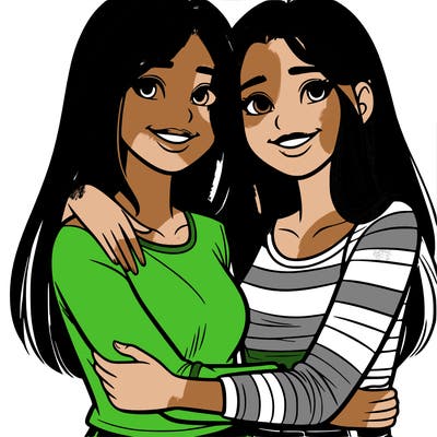two very realistic teenage girls side hugging and smiling