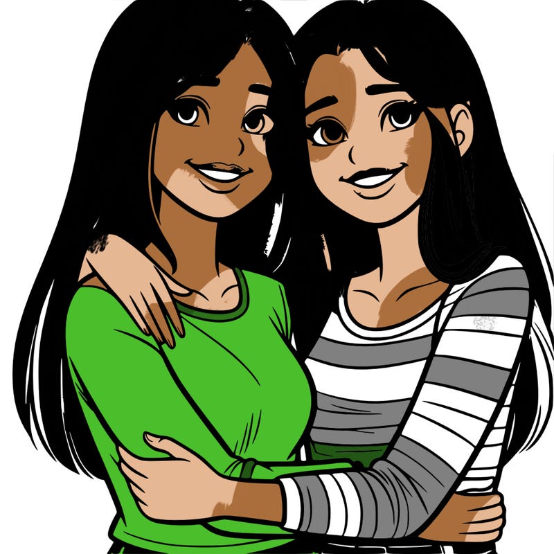 two very realistic teenage girls side hugging and smiling
