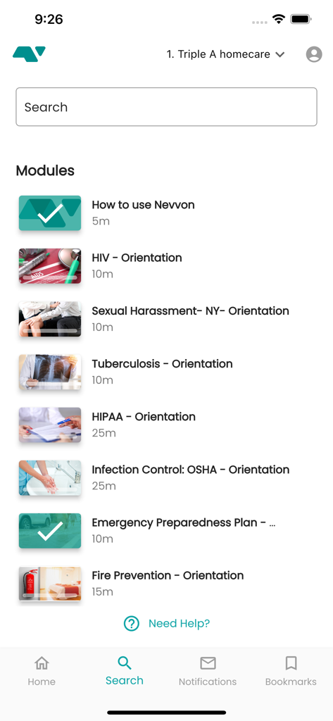 Nevvon - Nevvon app interface showing a list of healthcare orientation modules such as HIPAA and Infection Control