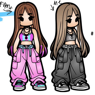 girl in baggy pants crop top and long hair