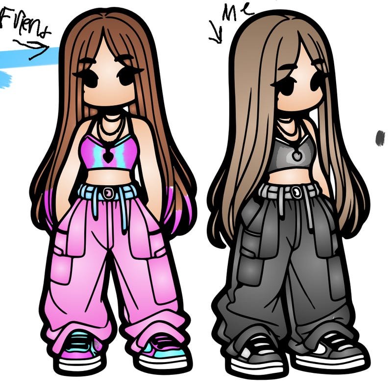 girl in baggy pants crop top and long hair