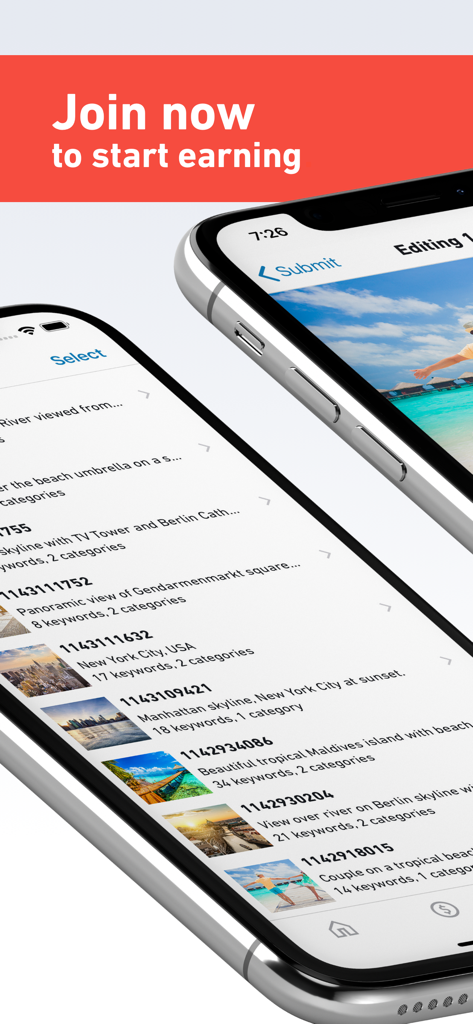 Shutterstock Contributor - Interfaz de la aplicación Shutterstock Contributor que muestra una lista de fotos subidas y una pantalla de envío para que los creadores comiencen a ganar dinero