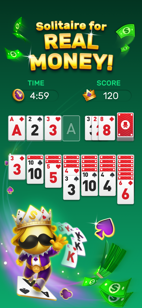 Solitaire Royale gameplay screen showing a classic card layout with a real money prize announcement and mascot.