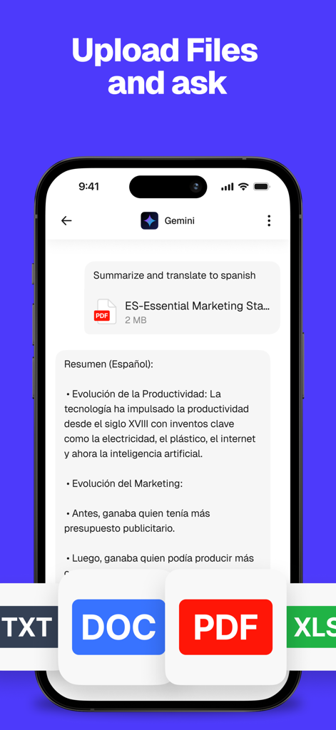 Overchat: Ask AI & Chat - A smartphone interface showing the Overchat app using Gemini AI to summarize and translate a PDF document into Spanish.