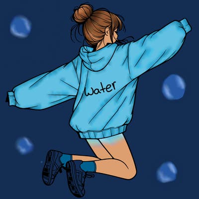 realistic girl jumping with a bun and oversized sweatshirt
