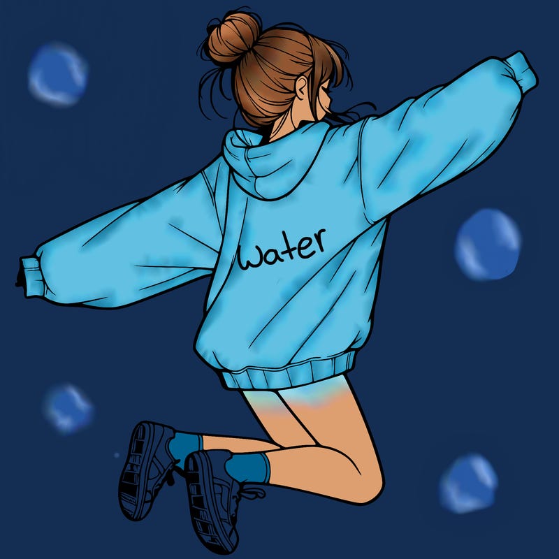 realistic girl jumping with a bun and oversized sweatshirt