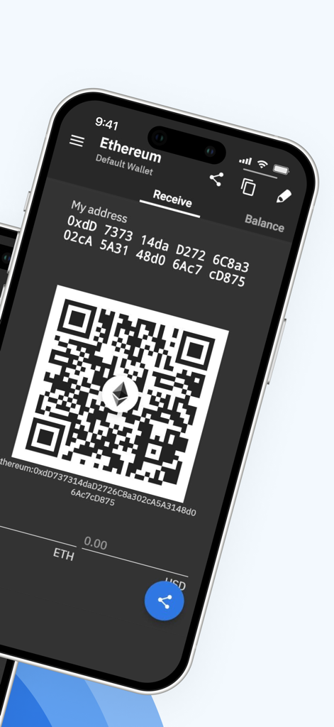 Una pantalla de smartphone que muestra la página de recepción de Ethereum de Coinomi Wallet con un código QR grande y la dirección de la billetera