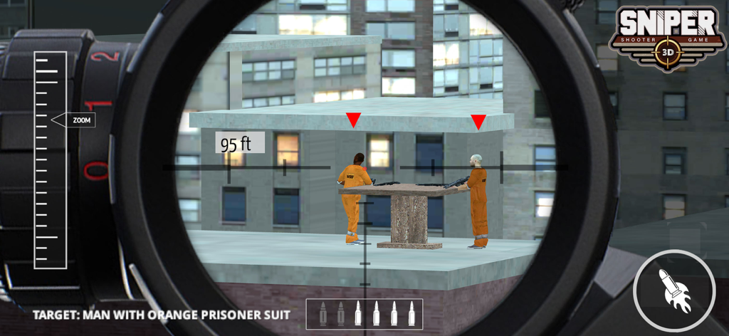 Vista de la mira de francotirador apuntando a un hombre con traje de prisionero naranja en un tejado a 29 metros