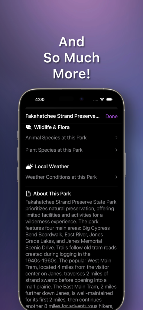 FL Parks: Map & Guide - A screenshot of the FL Parks app showing detailed information for Fakahatchee Strand Preserve including wildlife lists weather conditions and park history