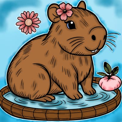 capybara sitting in a kitty pool with a flower on head