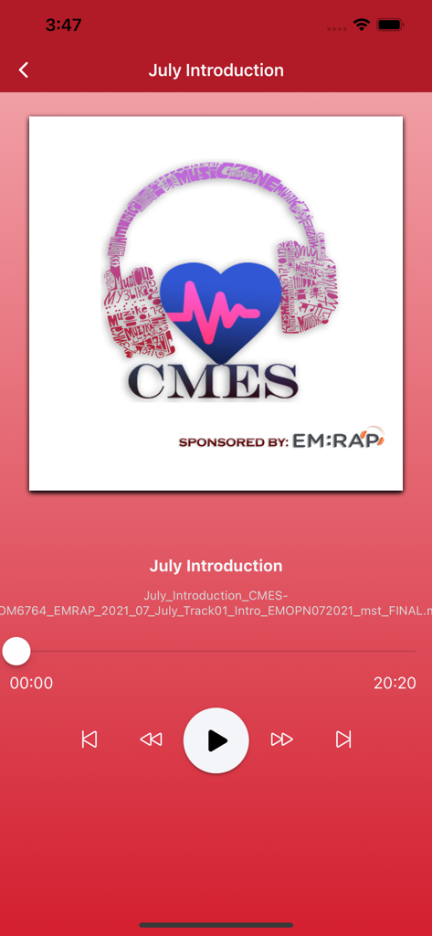 CMES - Interface do reprodutor de áudio no aplicativo de educação médica CMES mostrando uma lição de Introdução de Julho patrocinada pelo EMRAP