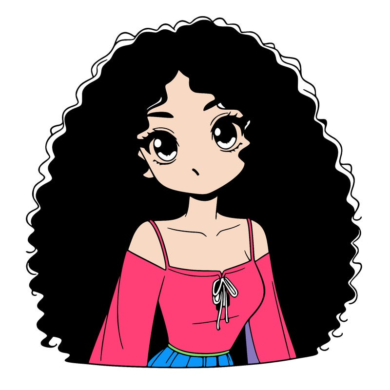 a black anime girl with long afro hair