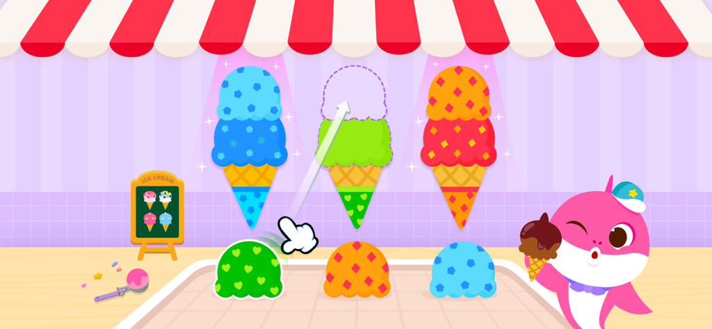 Pinkfong Shapes & Colors - Pinkfong character hosting an ice cream color and pattern matching game for toddlers