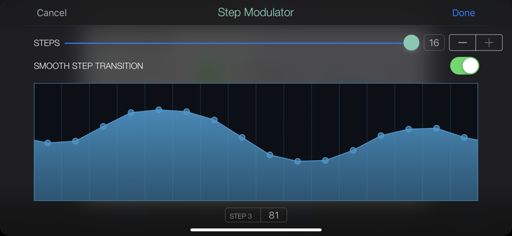 Interface du Step Modulator dans WiDI MIDI Studio montrant un motif de modulation à 16 pas avec des transitions fluides activées.