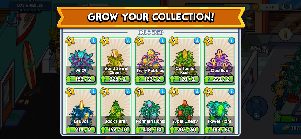 A menu in Weed Inc: Idle Tycoon showing various unlocked cannabis strain cards ready for upgrades