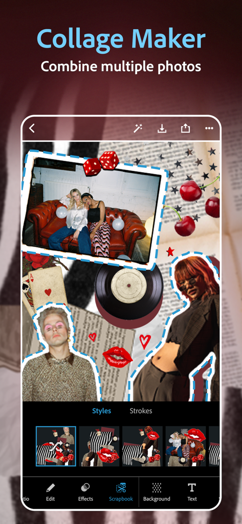 Interfaz del creador de collages de Photoshop Express con un diseño creativo de álbum de recortes con varias fotos y pegatinas.