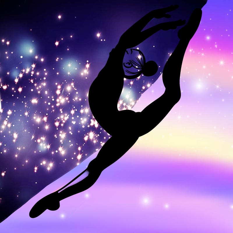 gymnast doing a leap in a leotard with a bent back leg