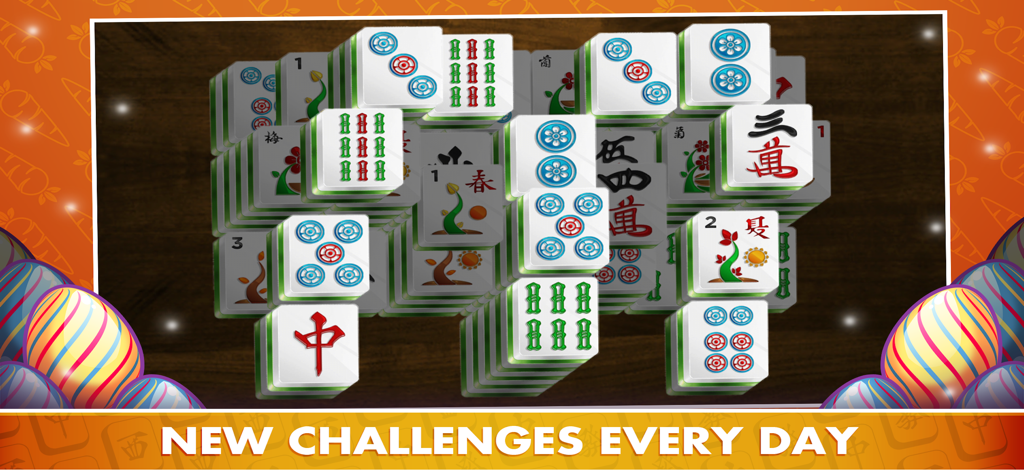 A Mahjong solitaire game board with large tiles and festive Easter egg decorations highlighting the new daily challenges feature.