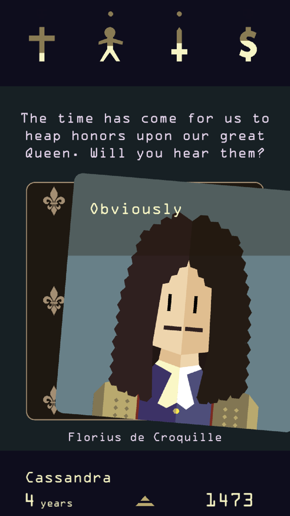 A character card being swiped in the mobile game Reigns Her Majesty to make a royal decision