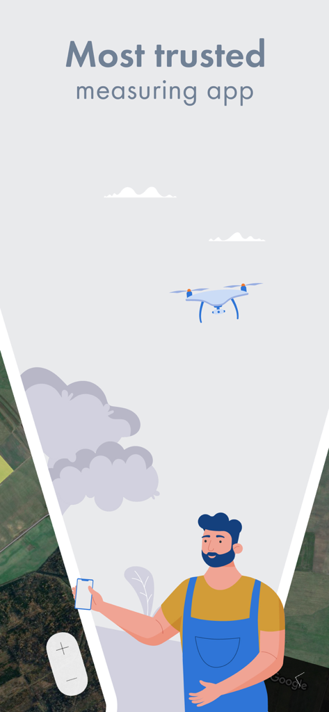 A farmer using a smartphone for land measurement with a drone and satellite map background.