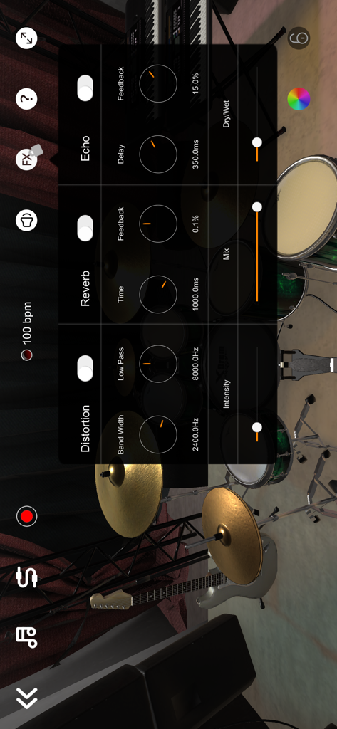 Audio effects control panel in X Drum 3D app showing settings for distortion reverb and echo