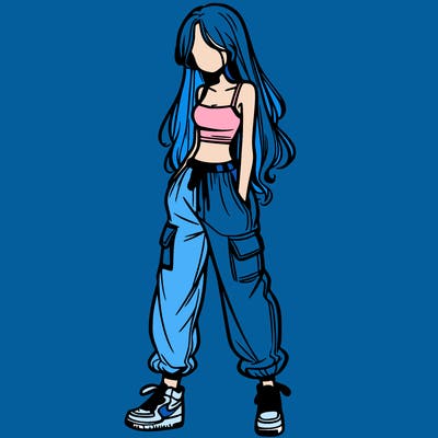 girl in baggy pants crop top and long hair