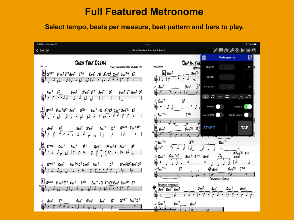 iGigBook Sheet Music Manager - iGigBook app interface showing digital sheet music with a full featured metronome overlay