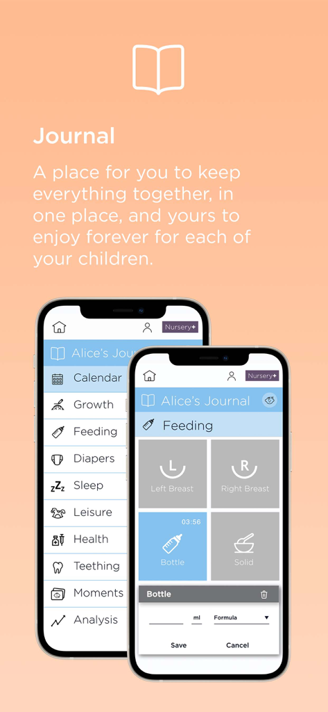 Motorola Nursery - Motorola Nursery app showing the baby journal feature and feeding tracking interface