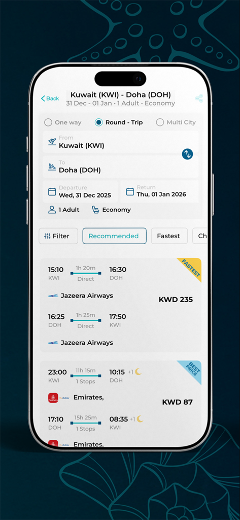 Waves: Stay, Sail & Ride - Interface de l'application mobile pour la réservation de vols entre Koweït et Doha