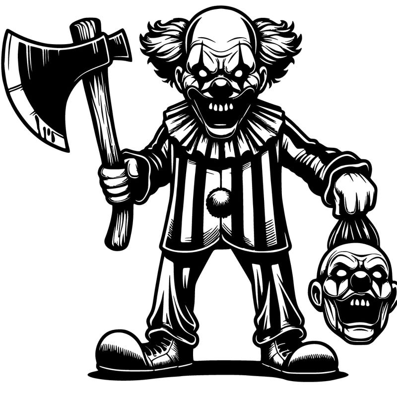 realistic scary  clown with a huge ax in one hand and a head in the other hand