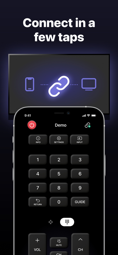 A smartphone screen showing the MyRemote TV control app interface with a numeric keypad and a connection graphic.