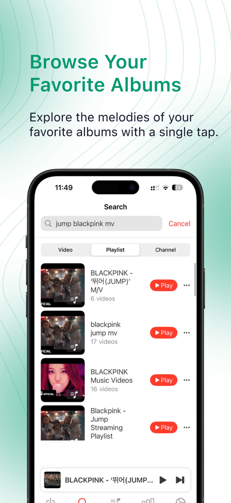 Tubidy - Offline Videos, Music - Tubidy app interface showing music search results for music videos and playlists on an iPhone