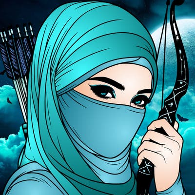 realistic muslim woman face covered holding a bow and arrows