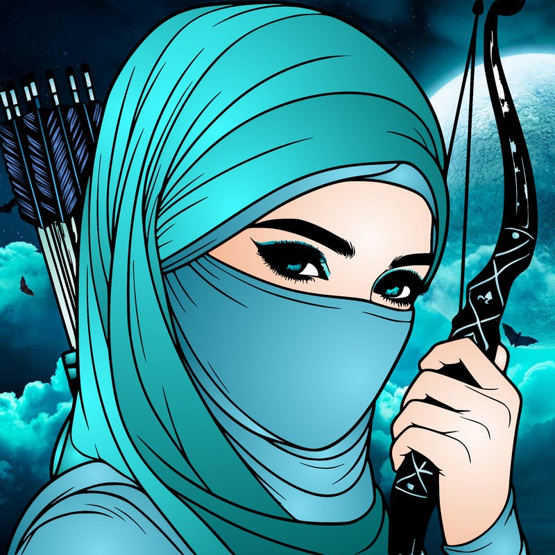 realistic muslim woman face covered holding a bow and arrows
