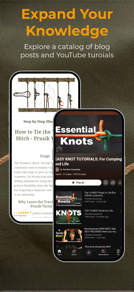 Knot IQ - The Bear Essentials - Mobile screens from the Knot IQ app showcasing knot tying blog posts and YouTube video tutorials
