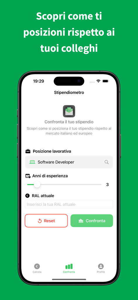 Stipendiometro App-Oberfläche, die Gehaltsbenchmarking für einen Softwareentwickler zeigt