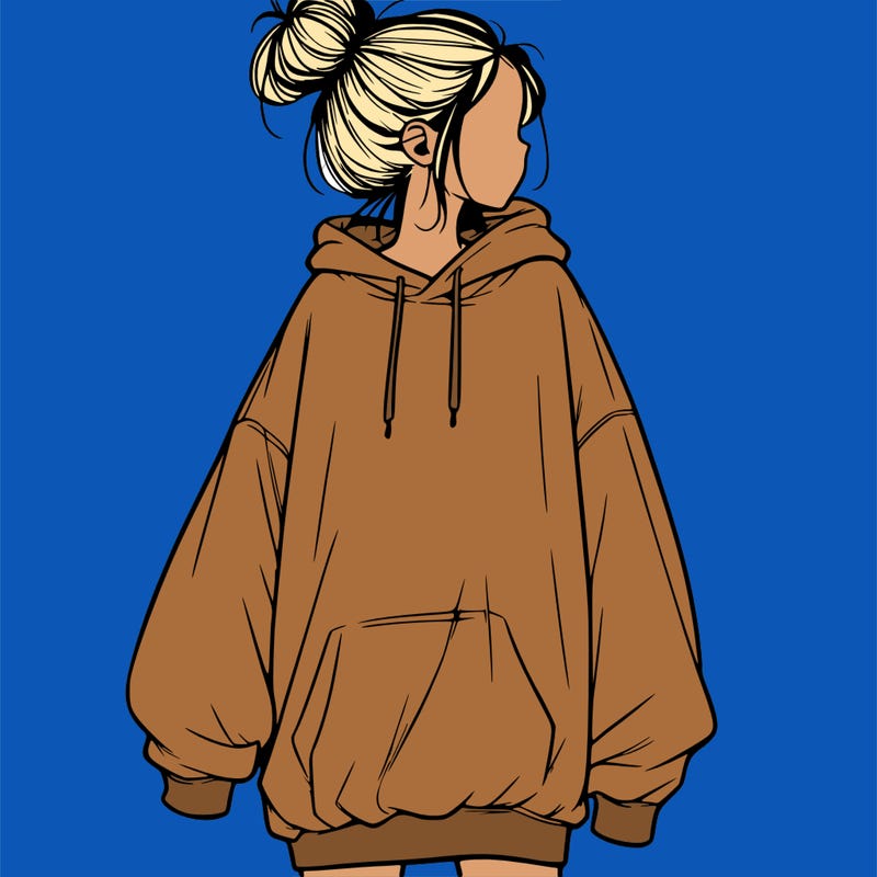 realistic girl with a oversized sweatshirt on and a bun
