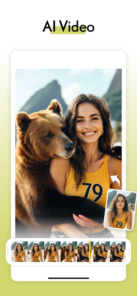 LOOX App-Oberfläche, die eine KI-Videotransformation eines Fotos in eine kreative Szene zeigt