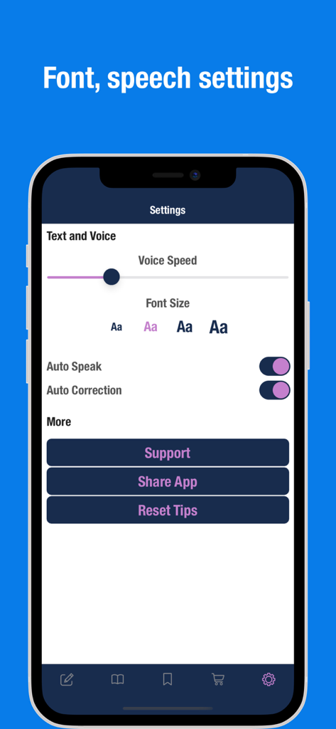 Settings screen of the Burmese to English Translator app showing font and voice speed adjustments.
