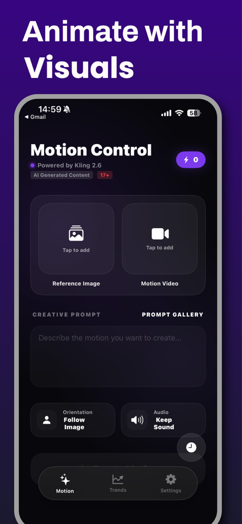 Motionly : AI Motion Control - Oberfläche der Motionly AI Motion Control App, die Optionen zur Animation von visuellen Elementen mit Referenzbildern und kreativen Eingabeaufforderungen zeigt