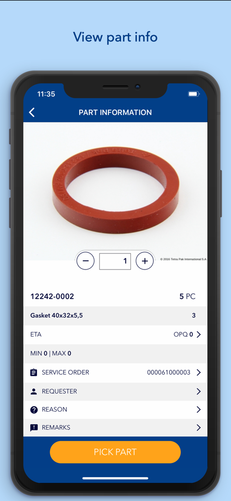 在庫数量や部品ピッキングボタンなど、ガスケット部品の詳細を示すePIMSアプリのインターフェイス