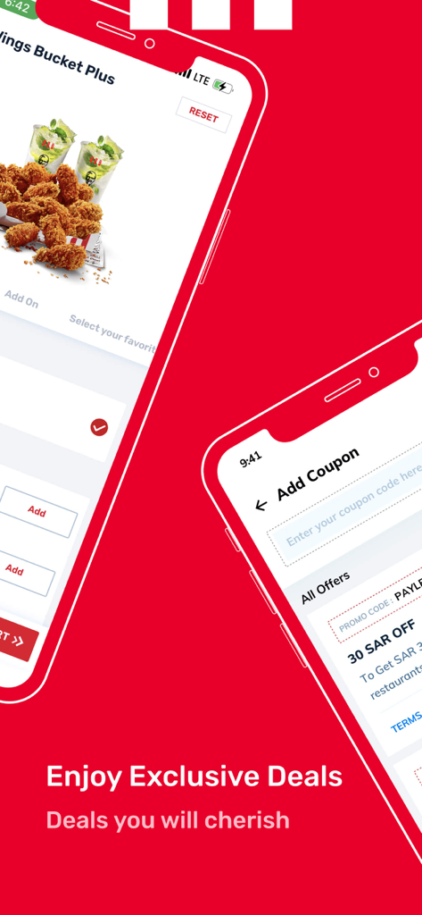 KFC Saudi Arabia - Interfaccia dell'app KFC Arabia Saudita che mostra le opzioni del menu di cibo e una pagina di offerte coupon con il testo Goditi offerte esclusive.