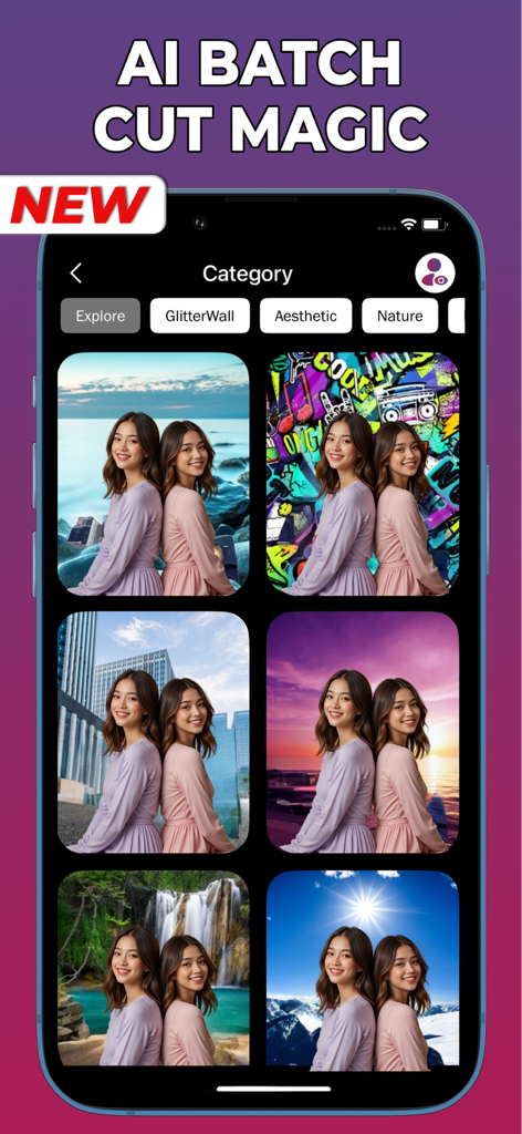 BG Remove: Background Editor - Interfaz de la aplicación BG Remove que muestra múltiples reemplazos de fondo generados por IA para un retrato