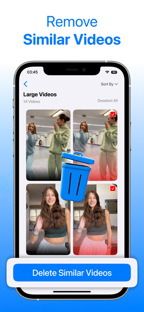 Cleanout app interface displaying the feature to identify and delete similar large videos for storage management.