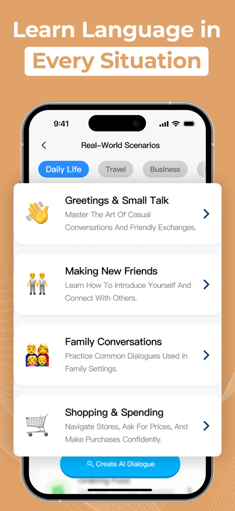 Talkora：Fun Language Learning - A mobile interface for Talkora showing real-world language learning scenarios like greetings, making friends, and shopping