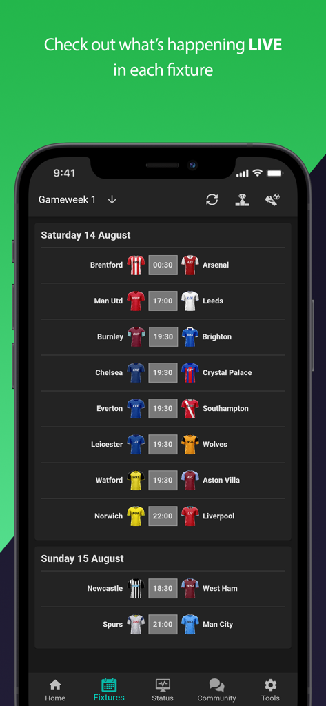 Fantasy Football Manager app showing live Premier League fixtures and match times.